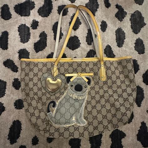 Gucci Guccioli Oliver Pug Dog Canvas Tote Bag GG Leather Brown